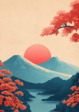 Japanese Landscape with Mountains and Lake