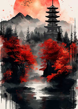Japanese Pagoda Landscape with Red Foliage