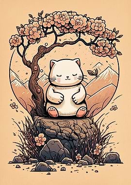 Meditative Cat Under Cherry Blossom Tree