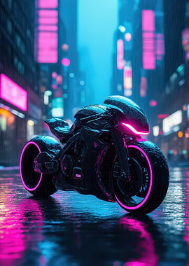 Cyberpunk Motorcycle In Rainy Cityscape