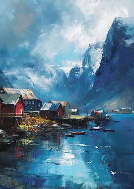 Coastal Village Painting with Mountain Backdrop