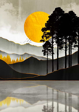 Abstract Landscape with Golden Sun and Trees