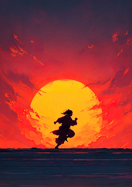 Silhouette Running Against a Fiery Sunset