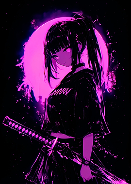 Anime Girl with Katana and Moon