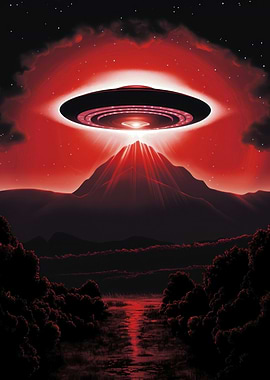 UFO over Mountain in Red Sky