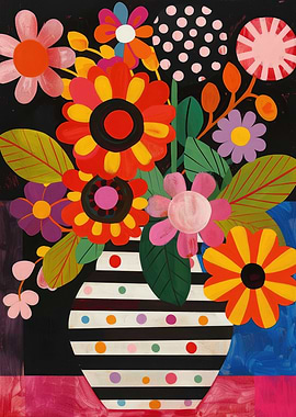 Colorful Floral Arrangement in Striped Vase