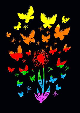 Colorful Butterflies and Dandelion on Black