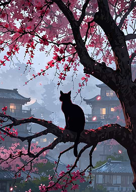 Black Cat in Cherry Blossom Tree