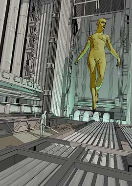 Monumental Android Awakening in a Futuristic Megastructure