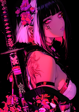 Anime Girl with Katana and Flowers