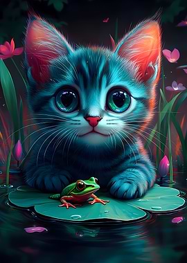 Cute Kitten and Frog on Lilypad
