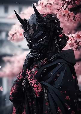 Black Oni Mask with Cherry Blossoms