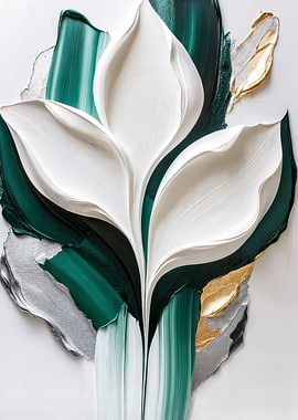 Impasto Florals: Textured White Bloom in Gold & Emerald
