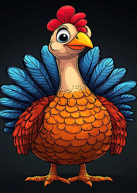 Cartoon Turkey with Blue Feathers