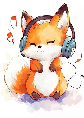 Cute Fox Listening to Music
