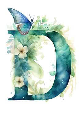 Watercolor Letter D with Butterfly