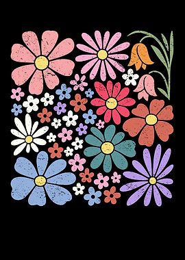 Retro Floral Pattern on Black Background