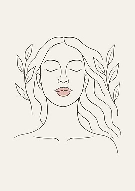 Woman with Leaves Line Art Minimalist Boho