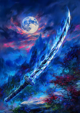 Mystical Blue Sword Under Moonlight