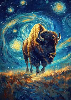 Bison in Starry Night Style