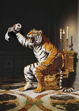 Tiger on Golden Toilet with Tissue