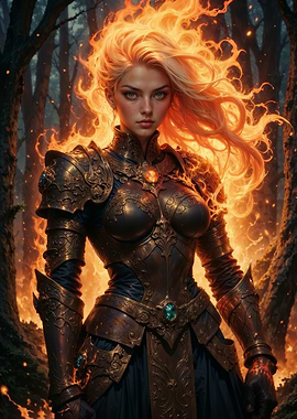 Fire Valkyrie Warrior – Blonde Female Knight Surrounded by Mythical Flames