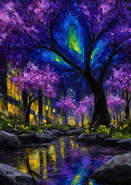 Urban Cherry Blossom Night Painting