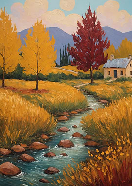Autumn Landscape with Stream and House