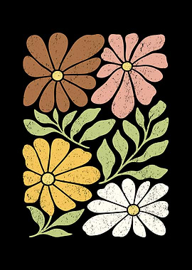 Retro Floral Pattern on Black Background