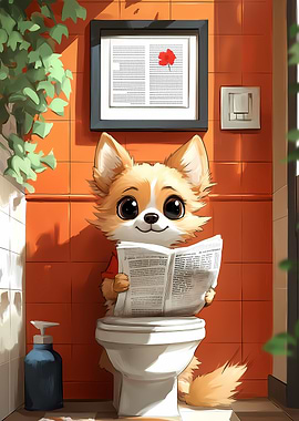 Dog Reading Newspaper on Toilet