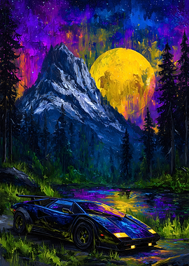 Lamborghini Countach in Mountain Landscape Painting