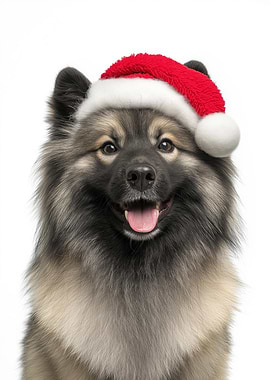 Keeshond dog with Santa hat