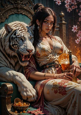 apanese Fantasy Woman with White Tiger – Oriental Magic and Tea Ceremony