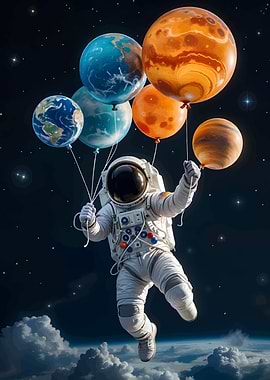 Astronaut Floating with Planet Balloons