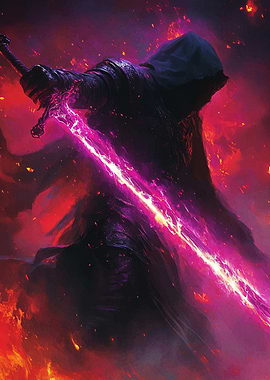 Hooded Figure Glowing Sword