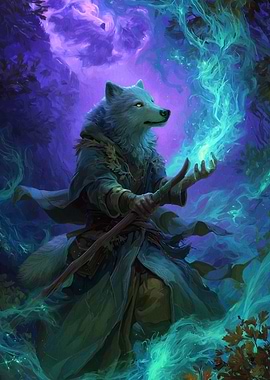 Wolf Wizard Casting Magic in Forest