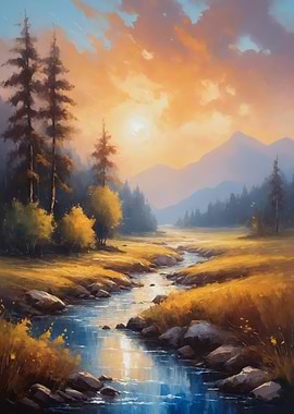Serene River Landscape at Sunset