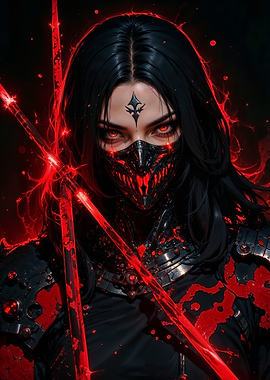 Dark Masked Assassin with Red Energy Swords – Gothic Warrior Fantasy Art