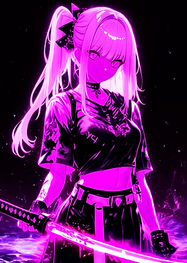 Neon Anime Girl with Katana