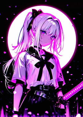 Anime Girl with Katana and Moon
