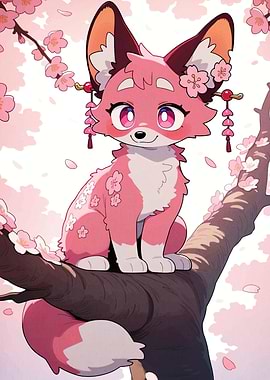 Pink Fox with Cherry Blossoms