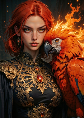 Red-Haired Sorceress with Exotic Parrot – Magical Jungle Fantasy Portrait