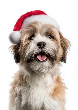 Cute Lhasa Apso Dog Wearing Santa Hat