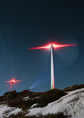 Wind Turbines at Night with Stars