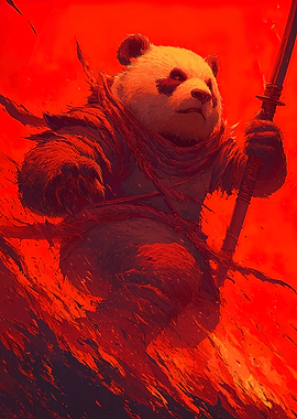 Warrior Panda with Spear in Red
