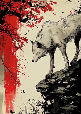 Wolf on Cliff with Red Foliage