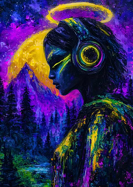 Woman with Headphones in Colorful Landscape