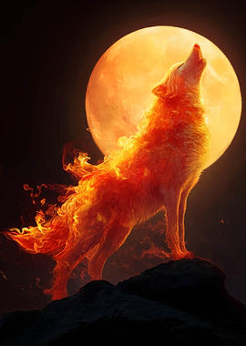 Fiery Wolf Howling at the Moon