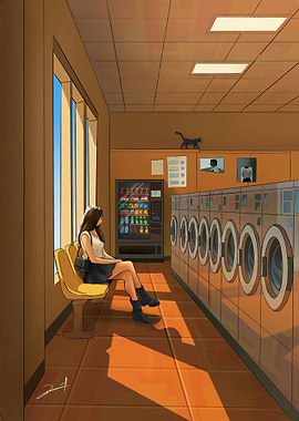 Laundromat Scene with Waiting Woman