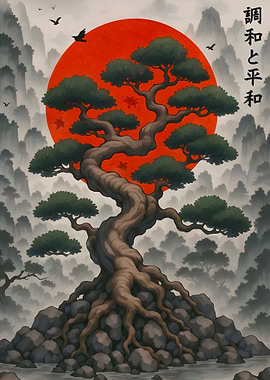 Japanese Bonsai Tree with Red Sun